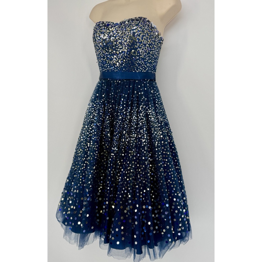 Y2K Navy Sequin Strapless Fit Flare Dress Tulle Party Prom Glam Homecoming